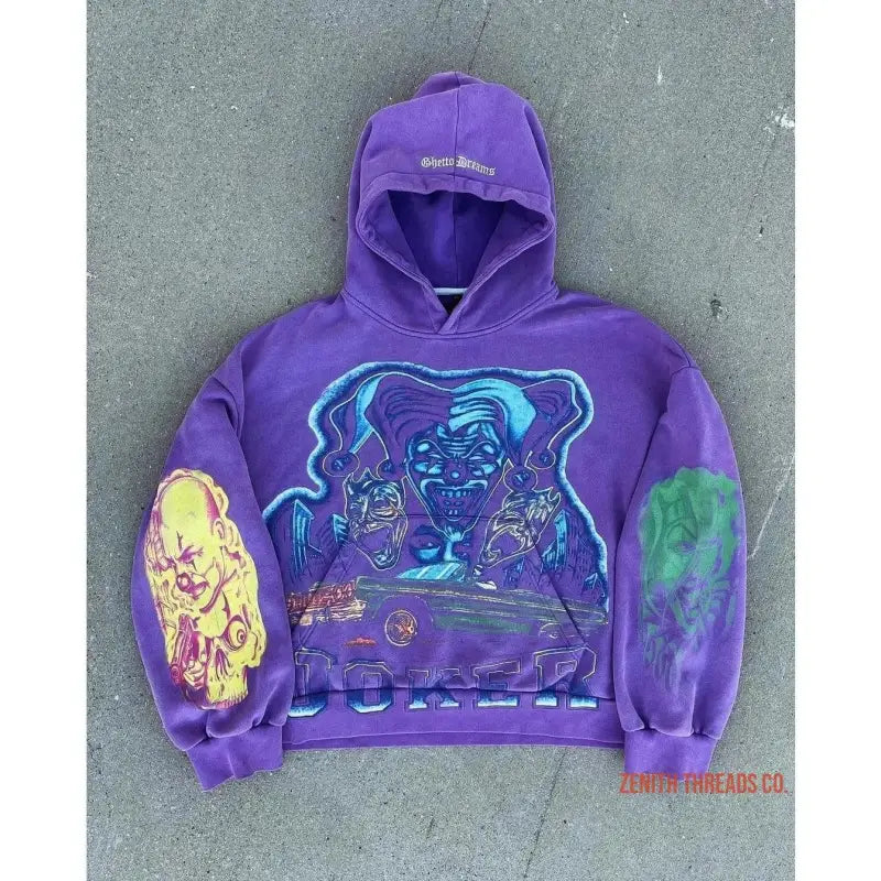 Purple hoodie with colorful cartoon-style graphics on the front and sleeves.