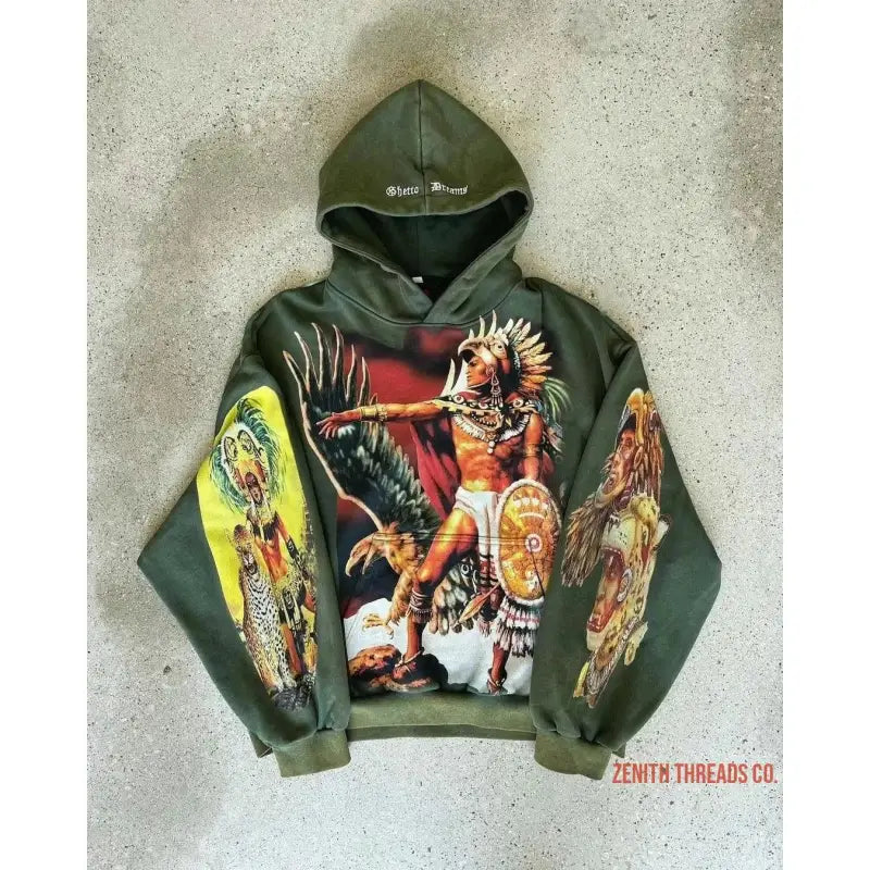 Olive green hoodie featuring Native American warrior artwork and designs printed across the front and sleeves.