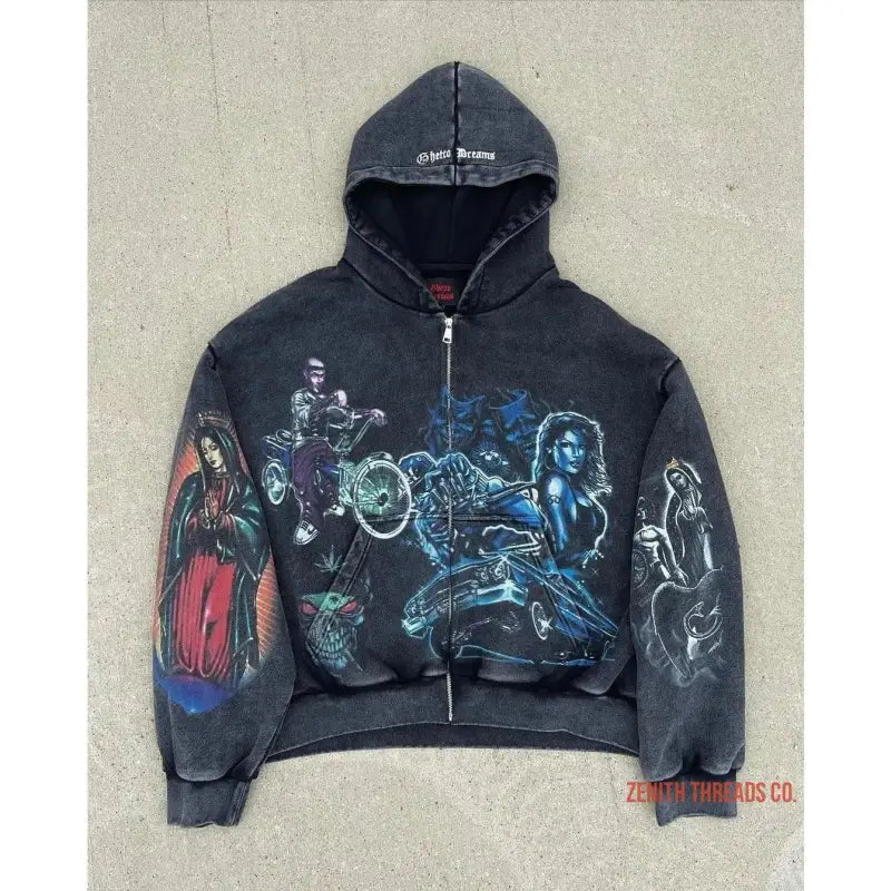 Black zip-up hoodie with horror movie character graphics printed on it.