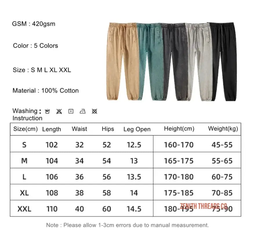 Cotton jogger pants shown in five different colors with elastic cuffs.