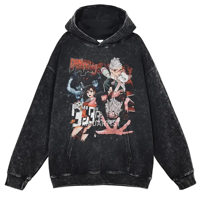 Black graphic print hoodie featuring Vintage Washed Dandadan Anime design