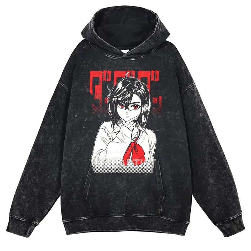 Black vintage washed Dandadan anime graphic hoodie for stylish comfort and fashion