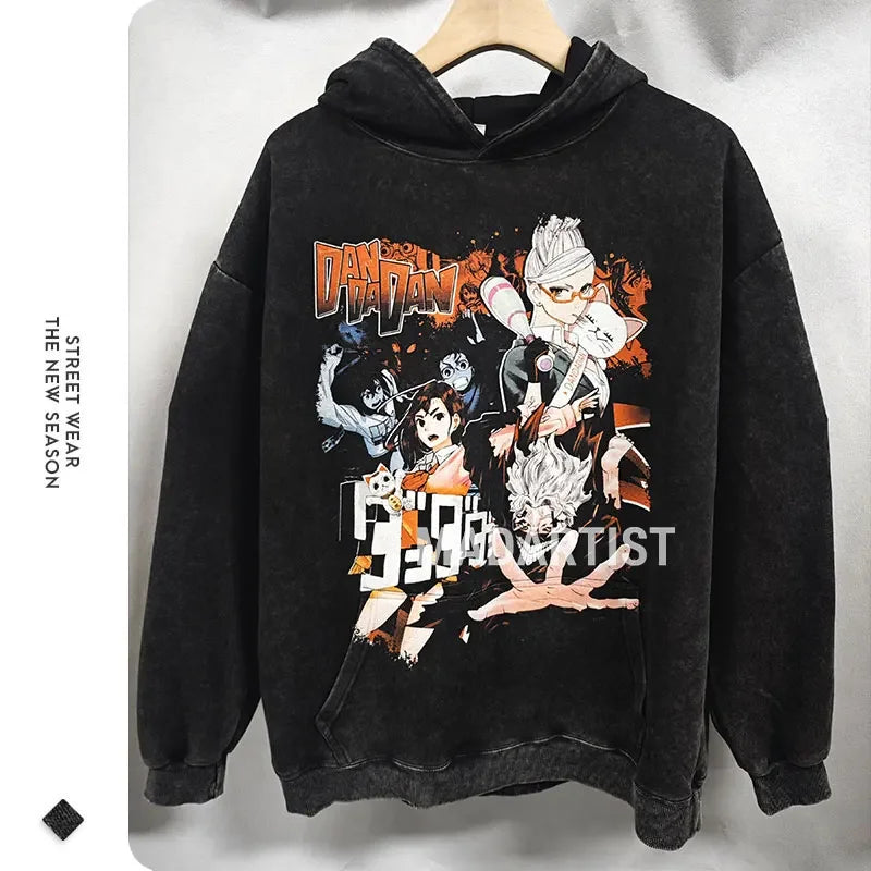 Black graphic hoodie featuring Vintage Washed Dandadan anime design for stylish comfort