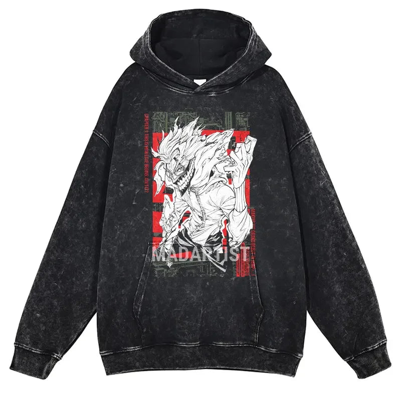 Black graphic hoodie from the Vintage Washed Dandadan Anime collection, showcasing unique style