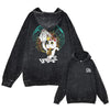 Black acid-wash hoodie featuring cat graphic from Vintage Washed Dandadan Anime collection