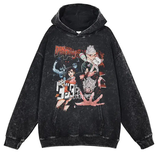 Black graphic print hoodie featuring vintage washed Dandadan anime design for streetwear fans