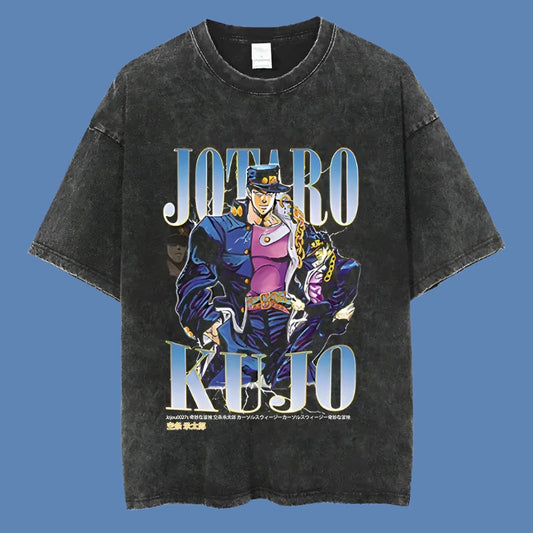 Vintage Washed Tshirt Men Summer Hip Hop Streetwear T-shirt Jojo Bizarre Adventure Anime Print Cotton Casual Short