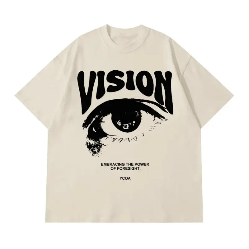 Beige t-shirt with black ’VISION’ text and eye graphic design.