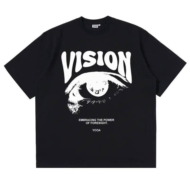 Black t-shirt with white ’VISION’ text and eye graphic design.