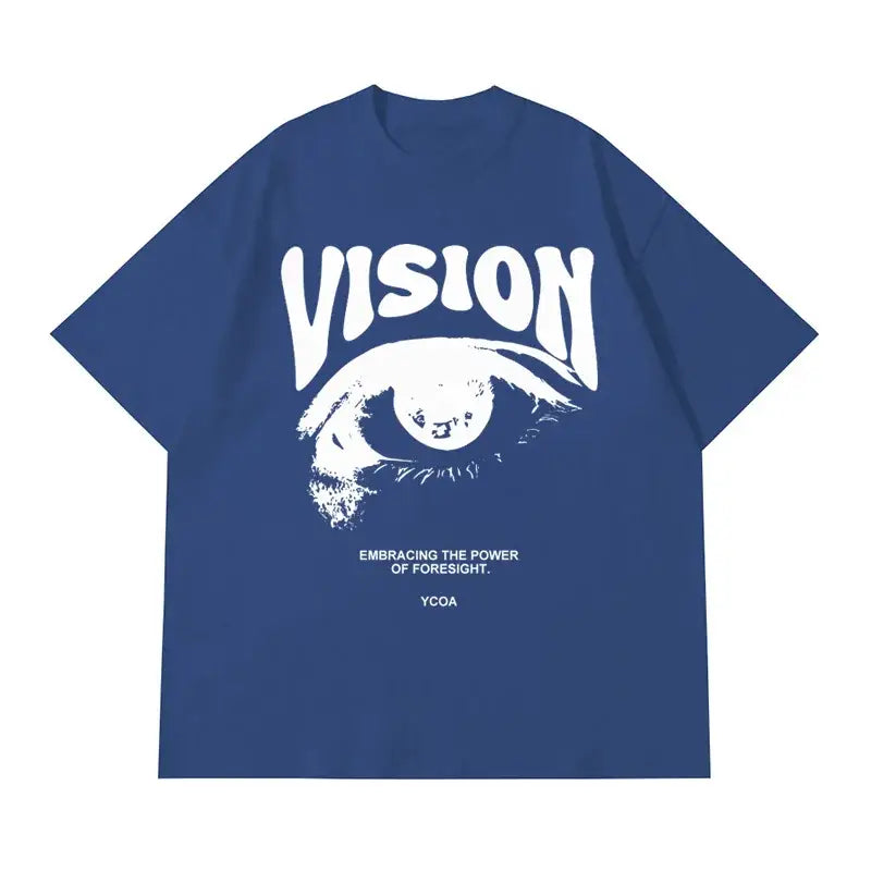 Navy blue t-shirt with white ’VISION’ text and eye graphic design.