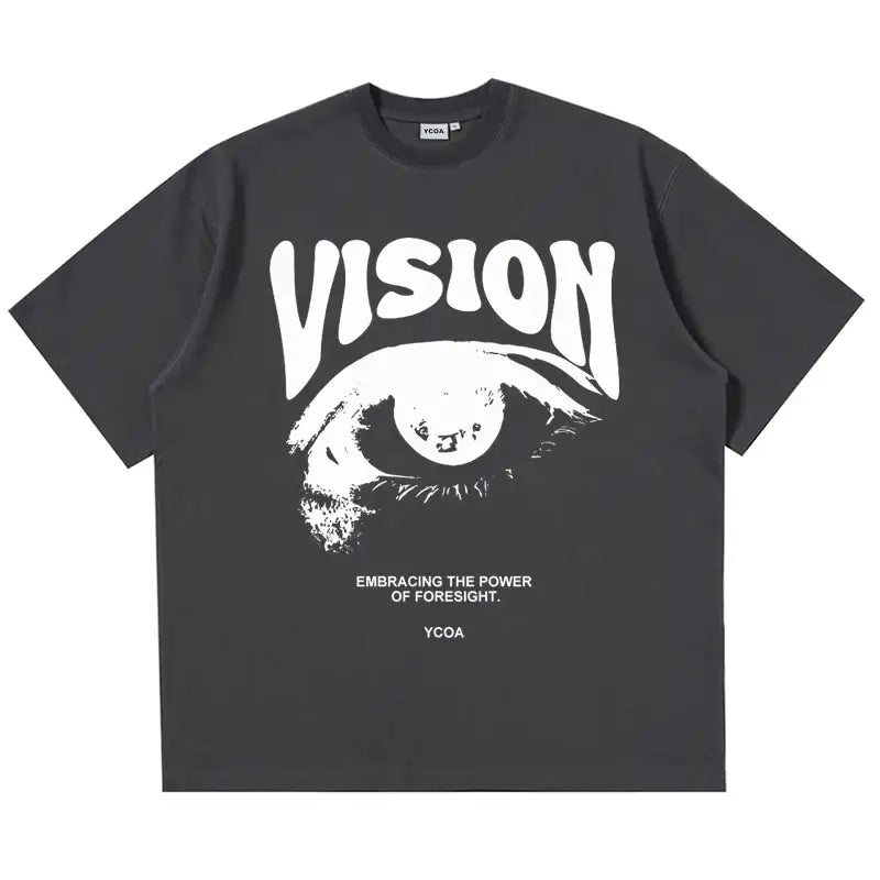 Dark gray t-shirt with white ’VISION’ text and eye graphic design.