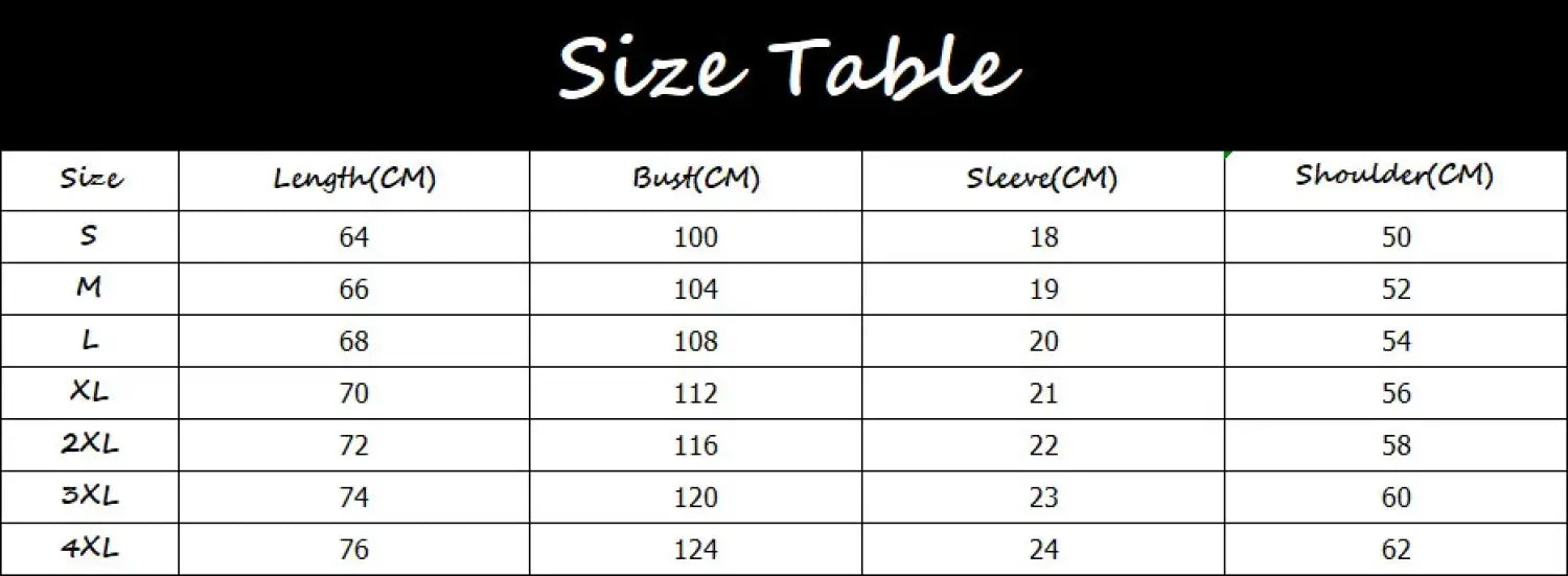 Size chart displaying measurements for length, bust, sleeve and shoulder in centimeters across different clothing sizes.