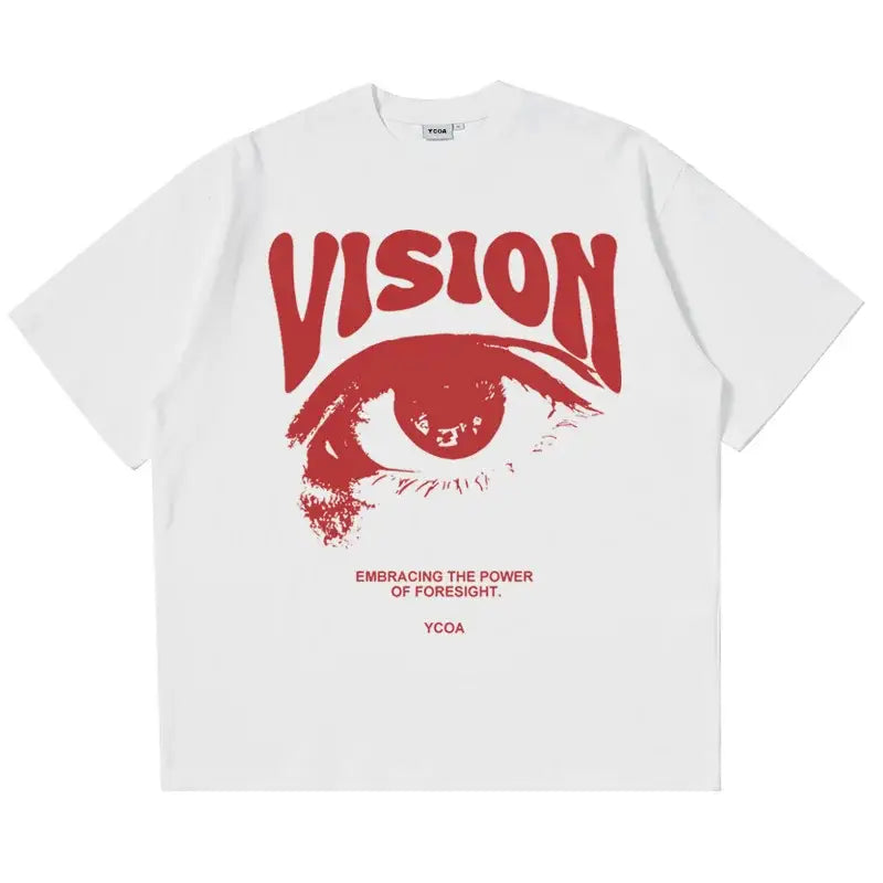 White t-shirt with red ’VISION’ text and eye graphic design.