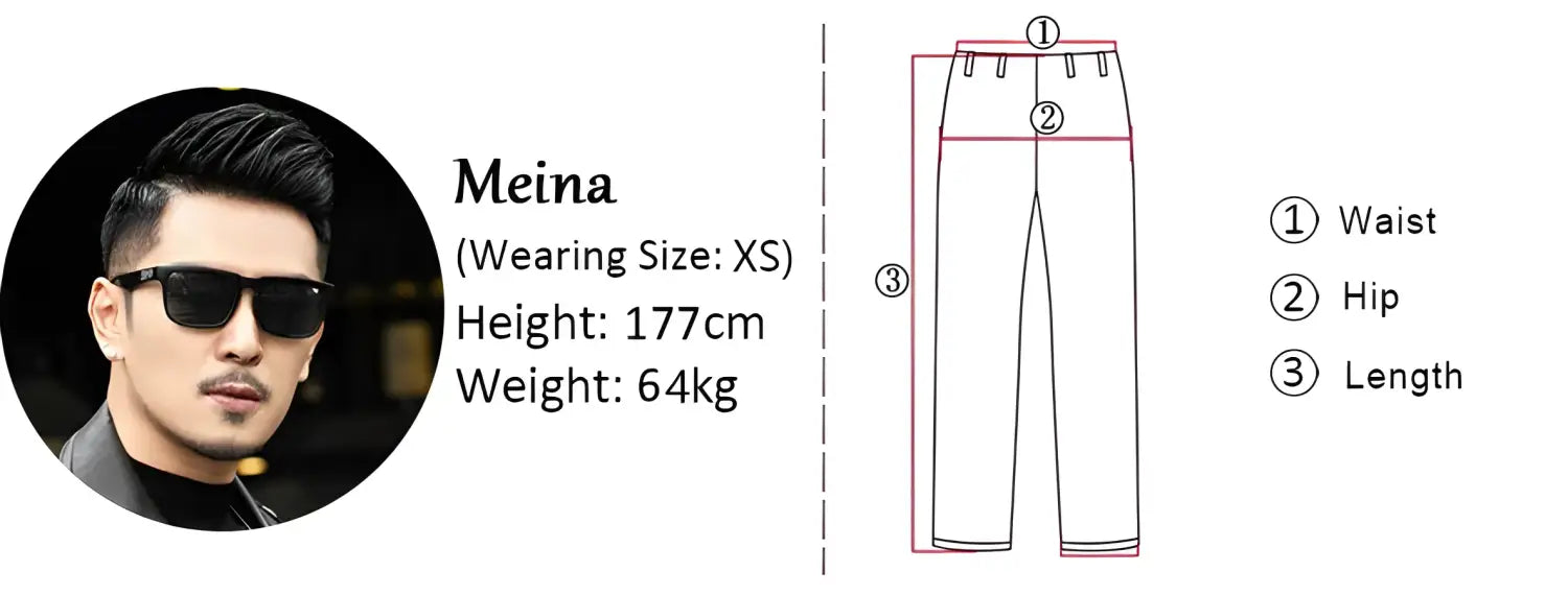 Simple diagram showing pants measurements with labeled waist, hip, and length dimensions.