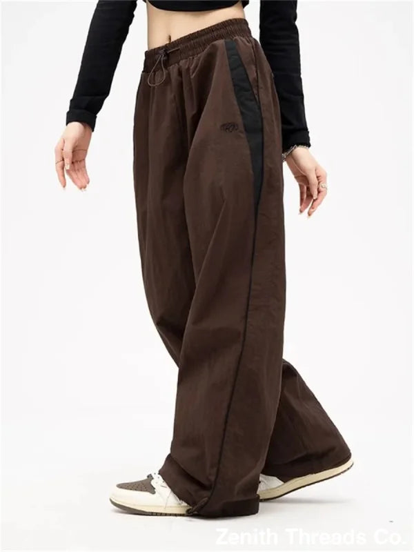 Women Casual Wide Leg Cargo Pants Drawstring Streetwear - Brown / XL - Cargo Pants