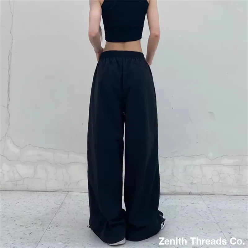 Women Casual Wide Leg Cargo Pants Drawstring Streetwear - Cargo Pants