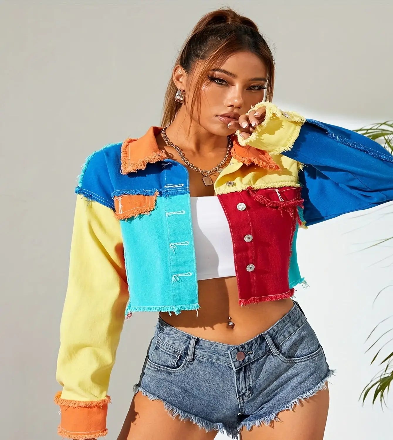 Spectrum Riot Jacket – Colorblock Raw-hem Denim | Mixed Color / S(4) | Streetwear
