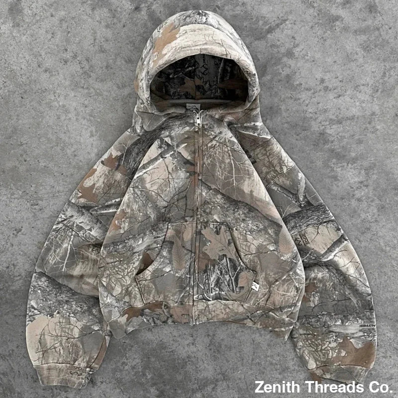 Y2K Camouflage Pattern Pullover Hoodie - camo zipper / XXL - hoodie