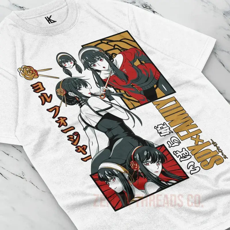 White t-shirt featuring anime-style artwork with characters in red and black color scheme.