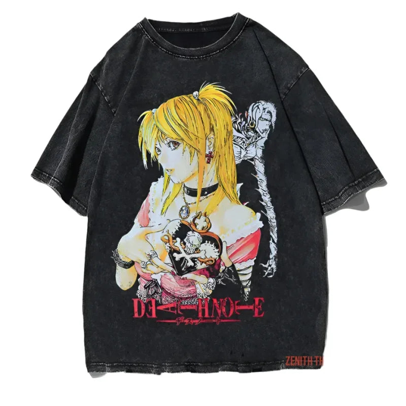 Black t-shirt featuring anime-style artwork of Death Note characters in yellow, pink and gray colors.