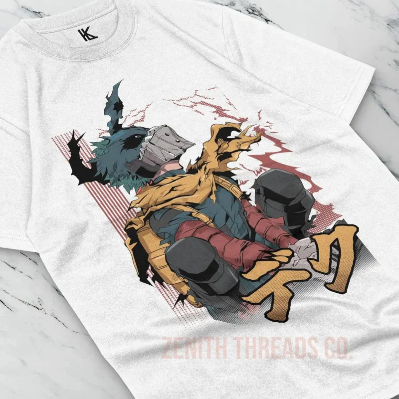 White t-shirt featuring an artistic anime-style battle illustration in teal, tan, and red colors.