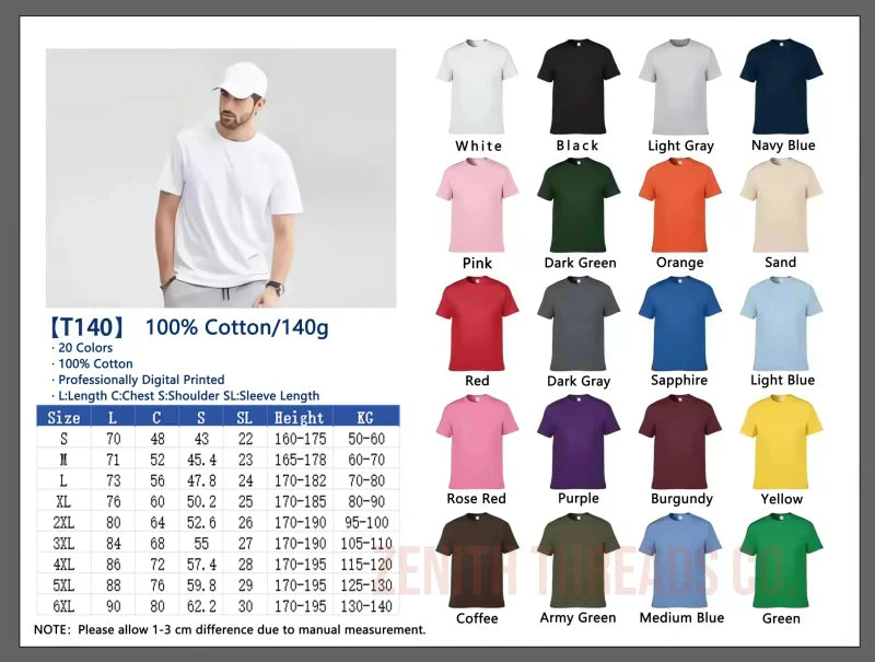 Basic cotton t-shirt available in multiple color options with a size chart.