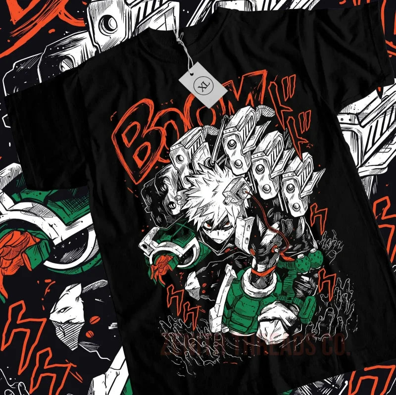 Black t-shirt featuring a manga-style explosive action design in red, white and green colors.