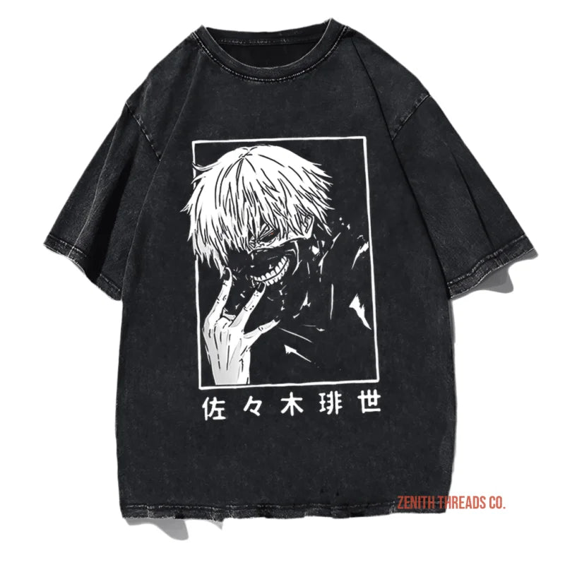 Black t-shirt featuring a manga-style character illustration with Japanese text underneath.