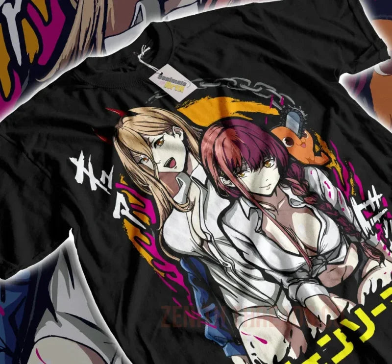 Black t-shirt featuring anime-style artwork with two characters in dynamic poses against colorful abstract designs.