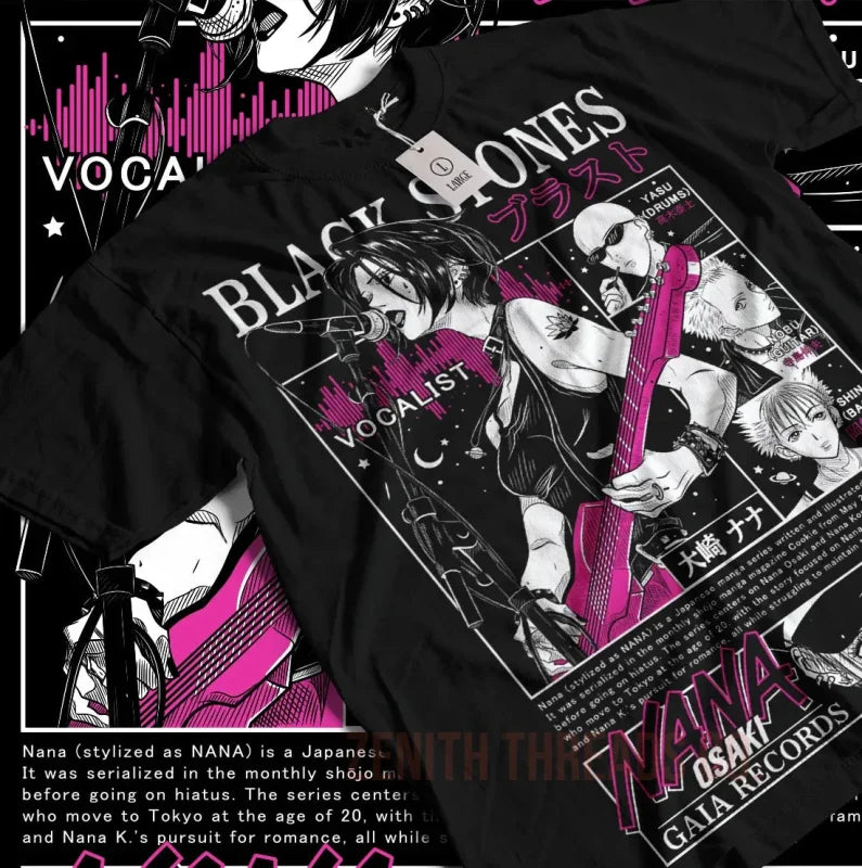 Black t-shirt with pink and white anime-style artwork and text.