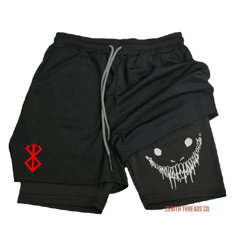 Black athletic shorts with a red symbol and white grinning face design.