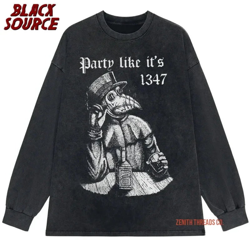 Black long-sleeve t-shirt featuring a plague doctor design with text ’Party like it’s 1347’’