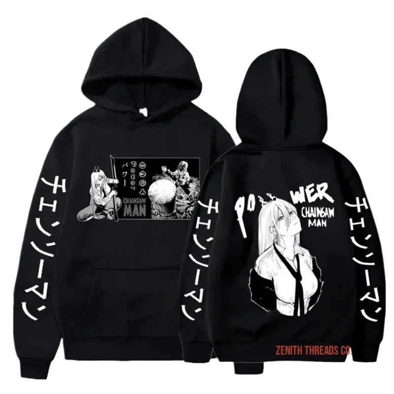 Black hoodie with Japanese-style manga artwork and text printed on both front and back.