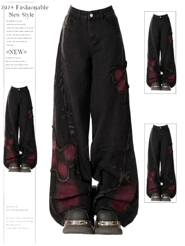 Red Butterfly Baggy Jeans Vintage 90s Aesthetic - Black / XL - Jeans