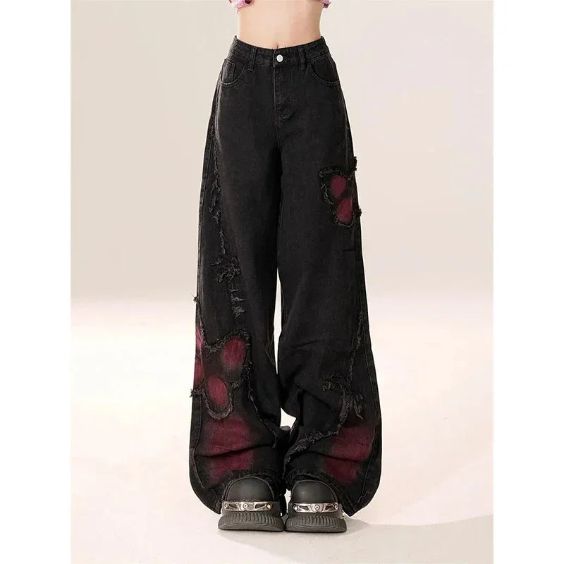 Red Butterfly Baggy Jeans Vintage 90s Aesthetic - Jeans