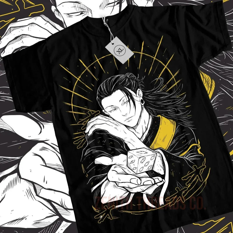 Black t-shirt featuring an anime-style character design with yellow accents and flowing hair.