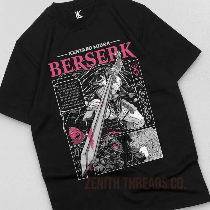 Black t-shirt featuring manga-style artwork from the series ’Berserk’ with pink text and comic panel designs.