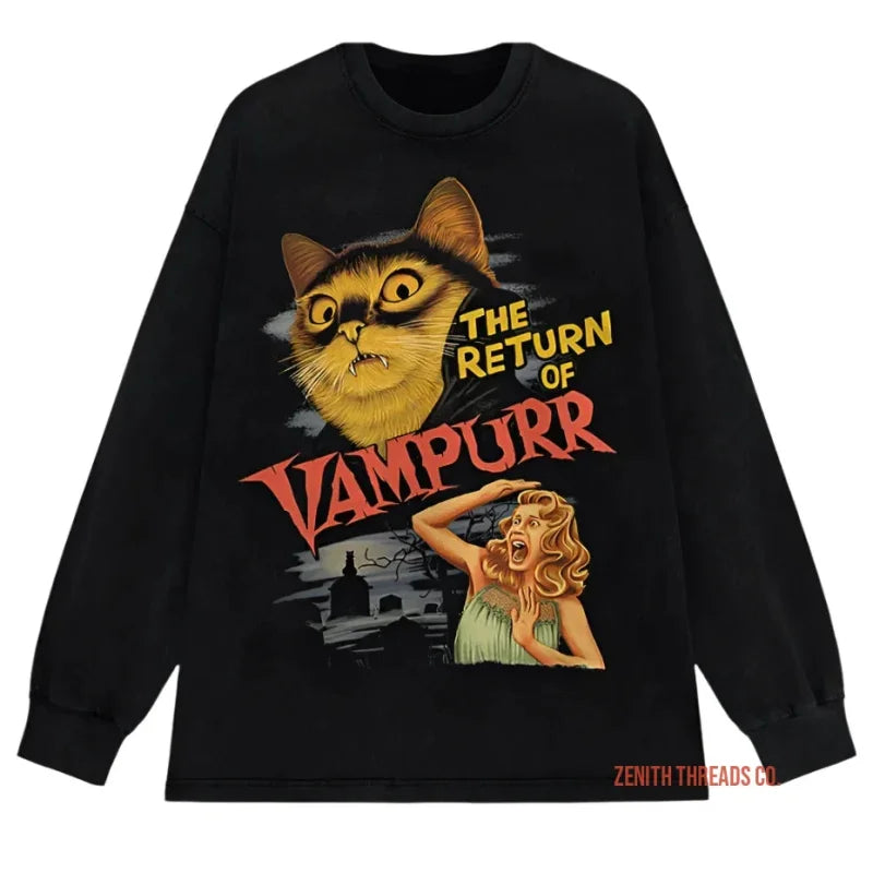 Black sweatshirt featuring a Halloween-themed cat parody design ’The Return of Vampurr’