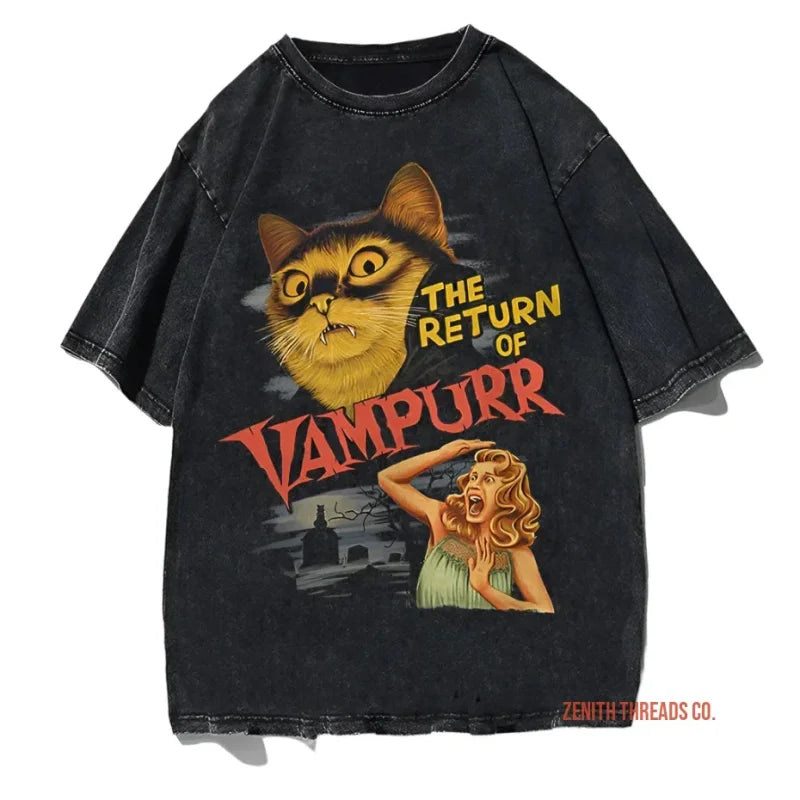 Black t-shirt featuring a vintage-style horror movie parody design with ’The Return of Vampurr’ text and illustrations of a cat and woman.