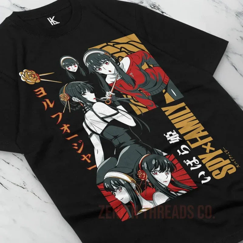 Black t-shirt featuring anime-style artwork with characters in red and black color scheme.