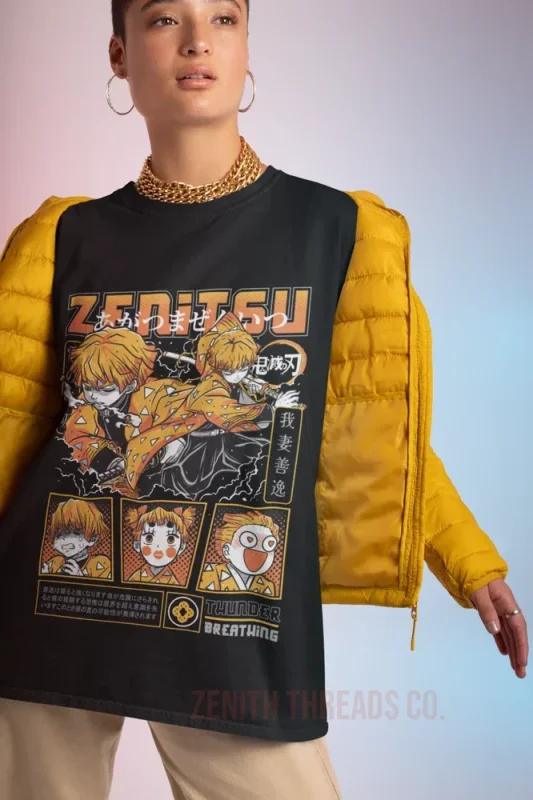 Black graphic t-shirt featuring anime-style artwork with yellow puffer sleeves.