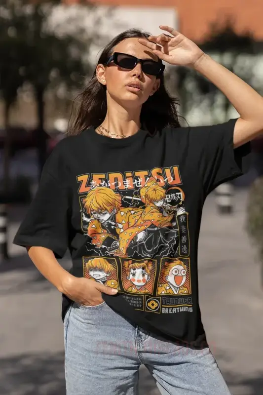 Black graphic t-shirt featuring anime characters from Zenitsu with orange and yellow artwork.