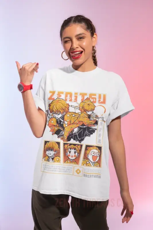 White graphic t-shirt featuring anime/manga characters and Japanese text.